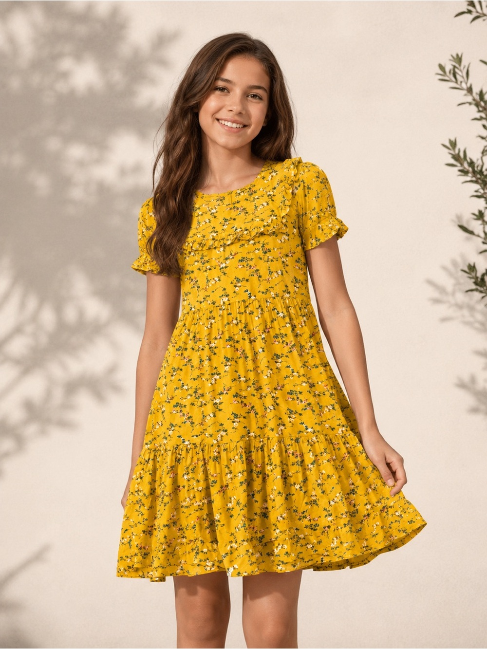 SHEIN Yellow Floral Ruffle Tiered Short-Sleeve Dress